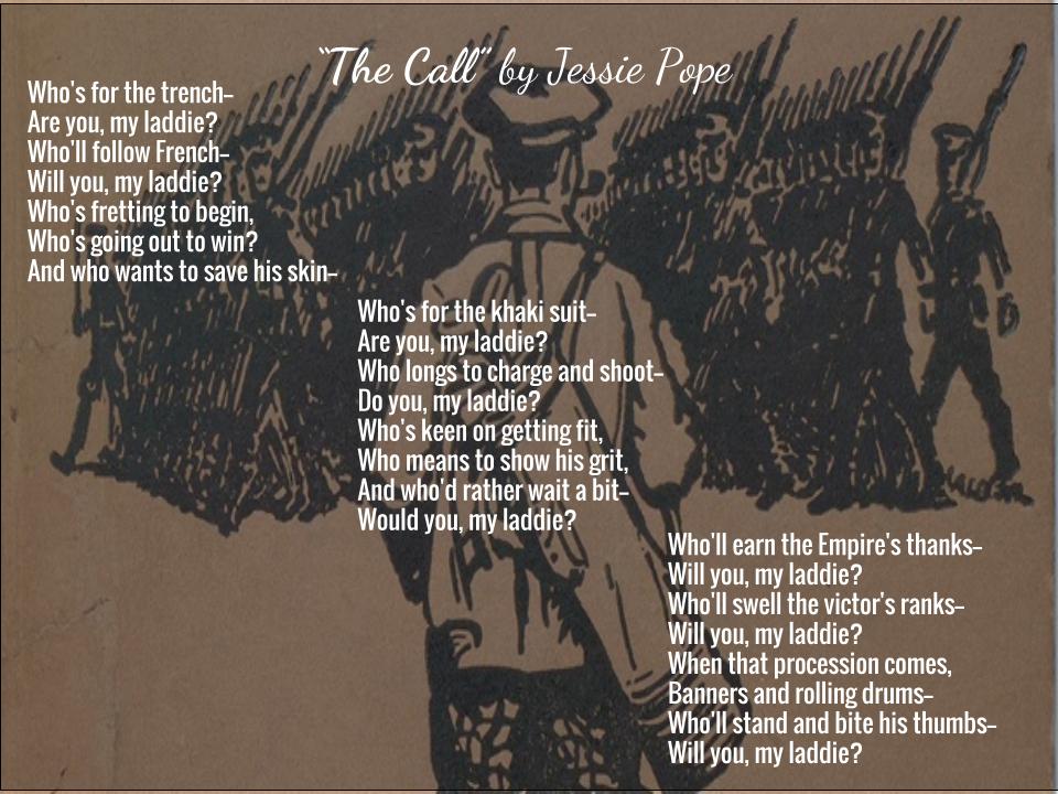 jessie pope the call Heres a virtual movie of a recitation by an english soldier of the naive jingoistic ww1 poem the call by the poetess jessie pope history has not been kind to jessie. jessie pope the call Heres a virtual movie of a recitation by an english soldier of the naive jingoistic ww1 poem the call by the poetess jessie pope history has not been kind to jessie.